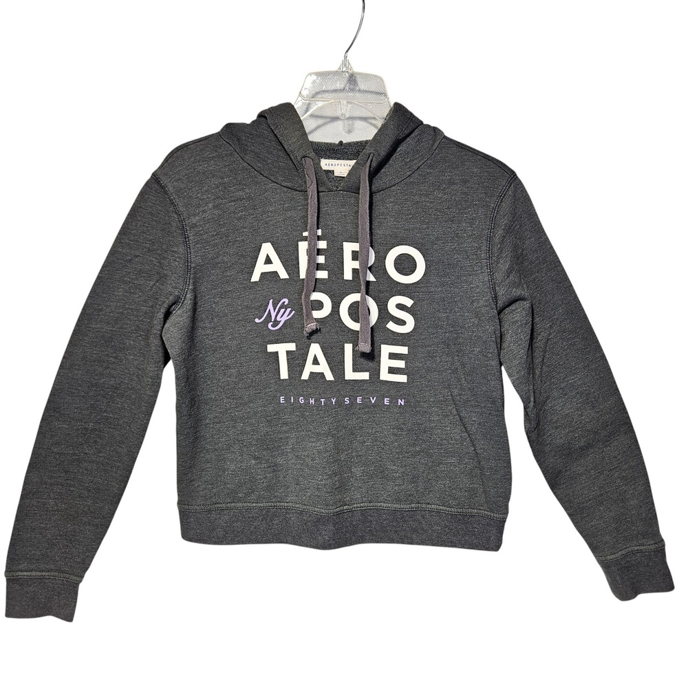 Womens Aeropostale Gray Cropped Pullover Hoodie Sweatshirt MEDIUM Streetwear